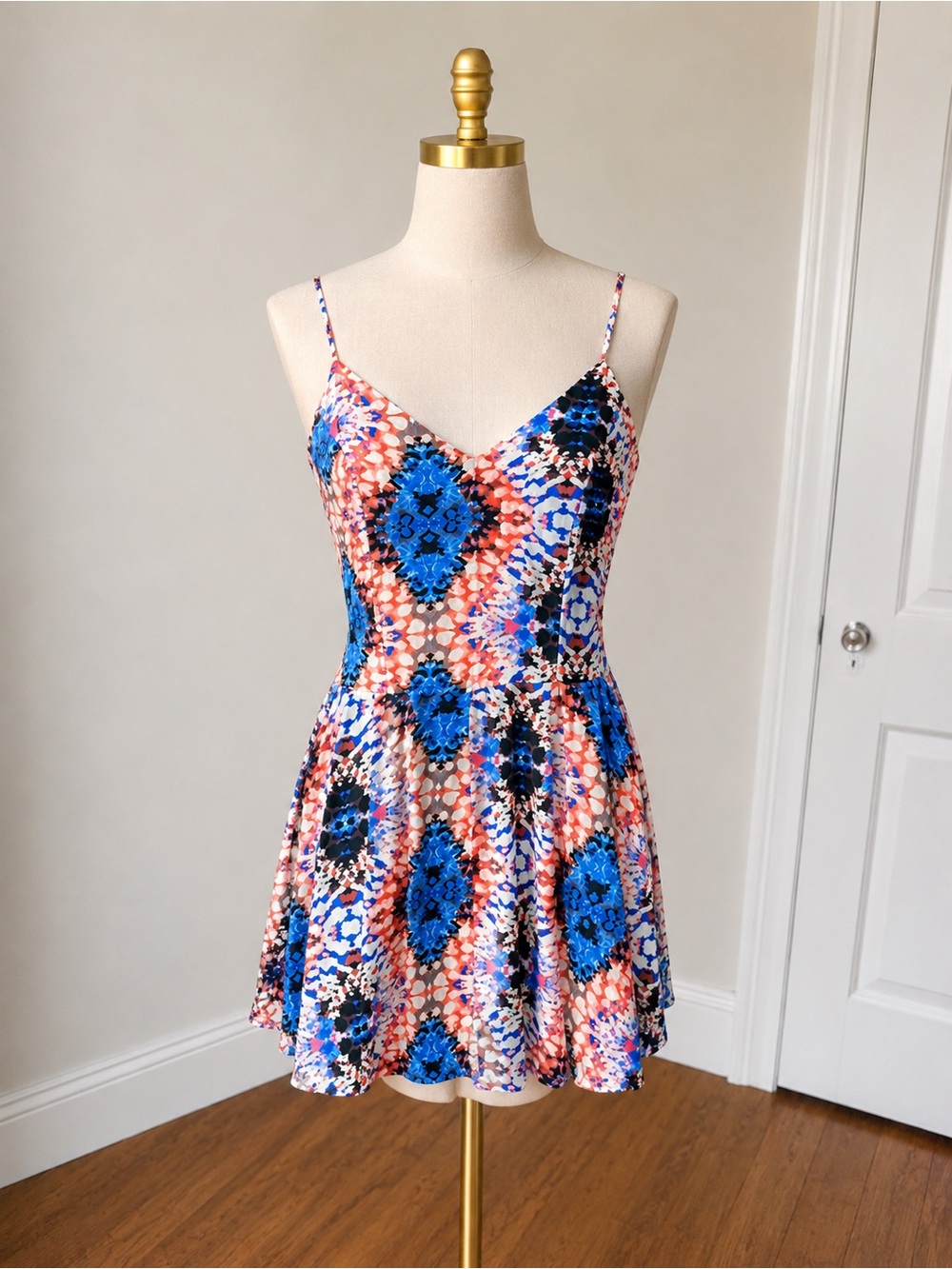 Blue & Coral Printed Spaghetti-Strap Romper